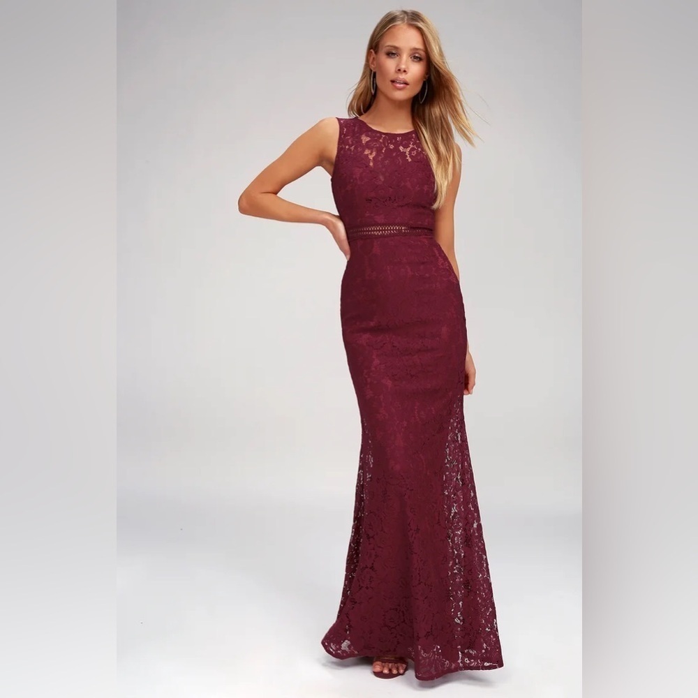 Lulus Music Of The Heart Lace Maxi Dress In Burgundy Size Small